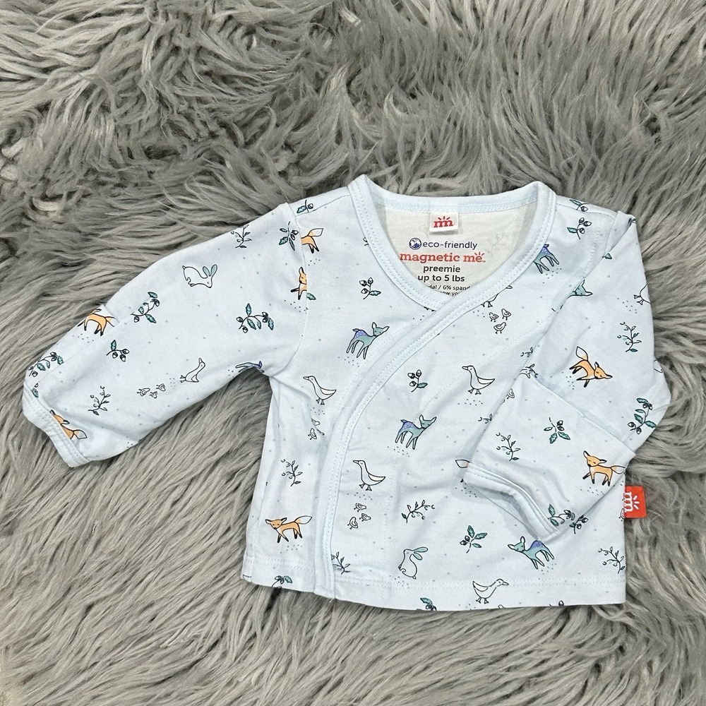 Magnetic Me Preemie Baby Kimono Style Foolproof Magnetic Closure Woodland Top